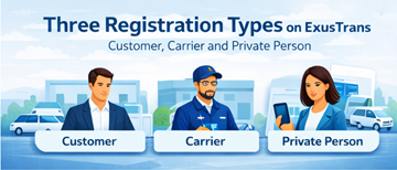 Kolme tilin rekisteröintityyppiä ExusTransissa paremman käyttökokemuksen ja kuljetusmarkkinapaikan selkeyden vuoksi