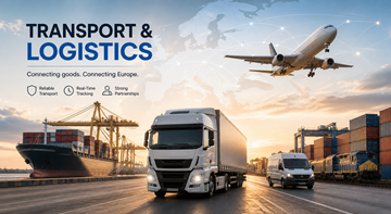 Kuljetus- ja logistiikkaprosessi, jossa kuorma-autot, varastot ja tavarat liikkuvat Euroopan halki osana toimitusketjua